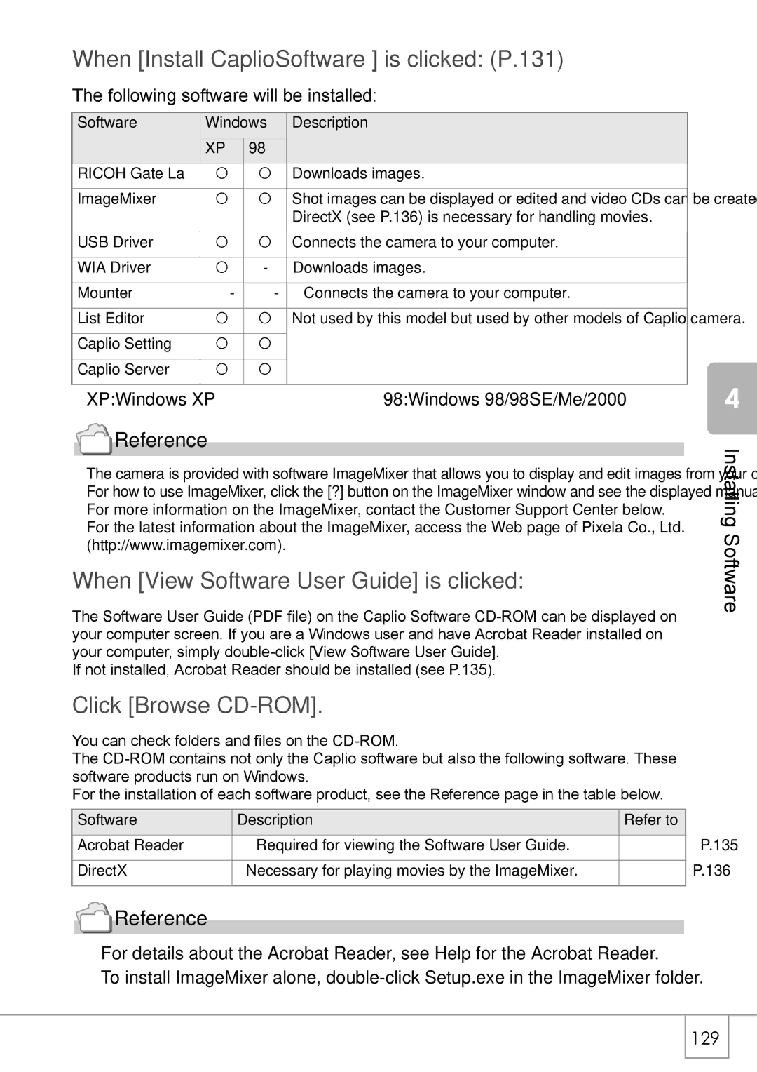 Ricoh Caplio R2 manual When Install CaplioSoftware is clicked P.131, When View Software User Guide is clicked 