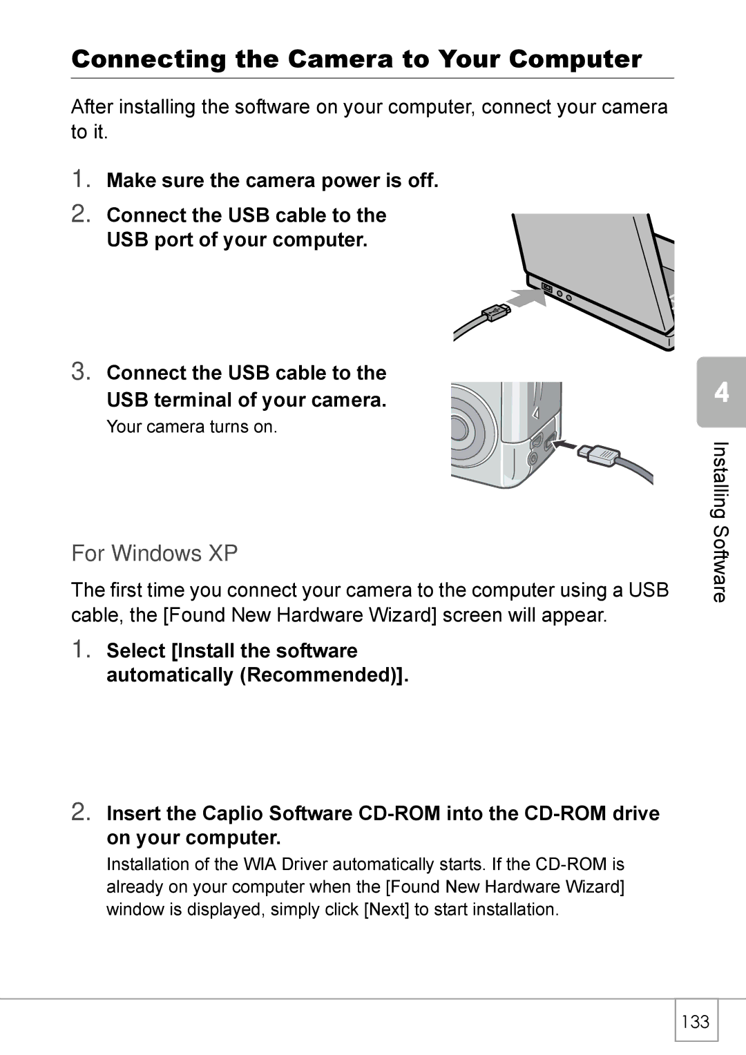 Ricoh Caplio R2 manual Connecting the Camera to Your Computer, For Windows XP 