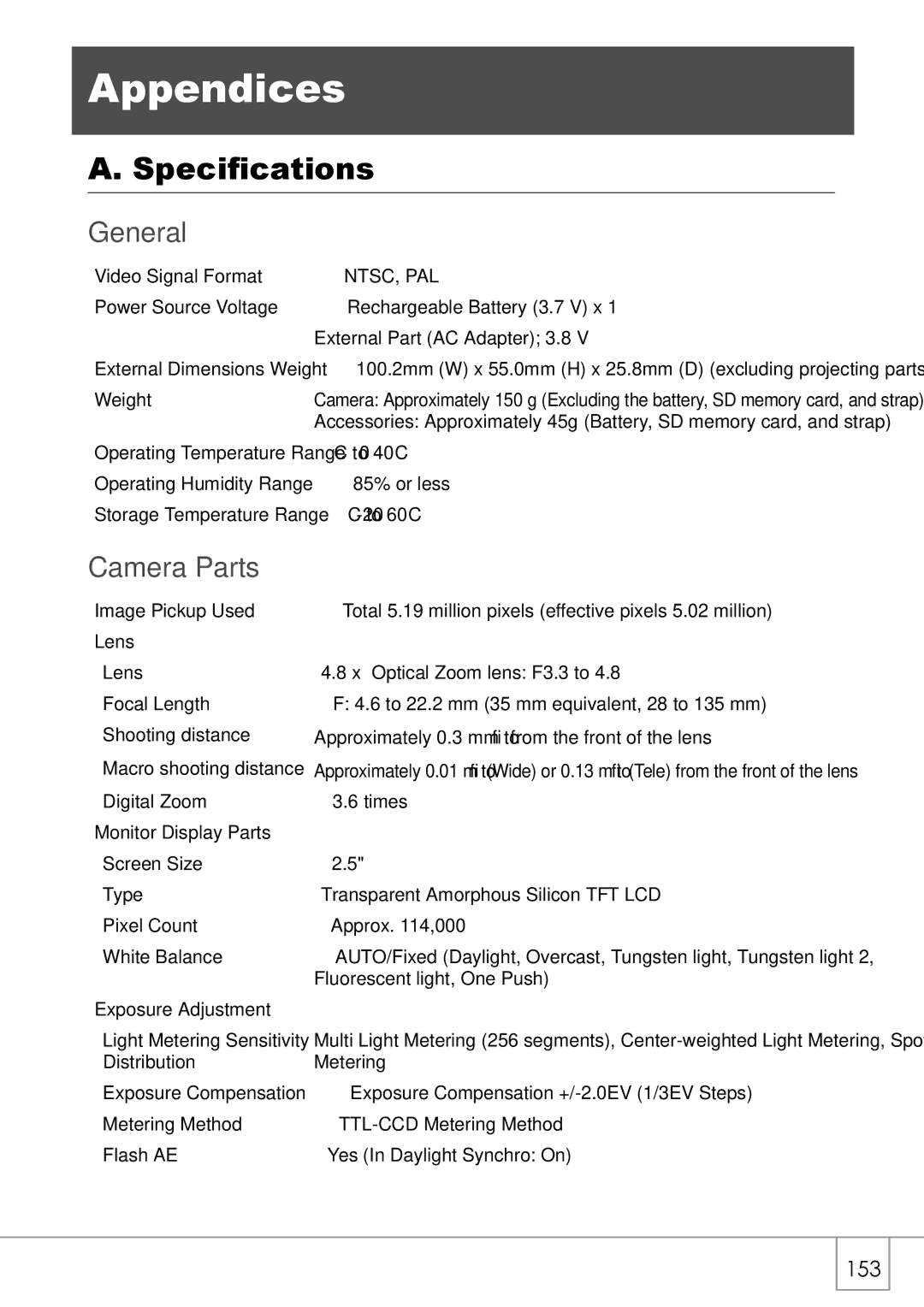 Ricoh Caplio R2 manual Appendices, Specifications, General, Camera Parts 