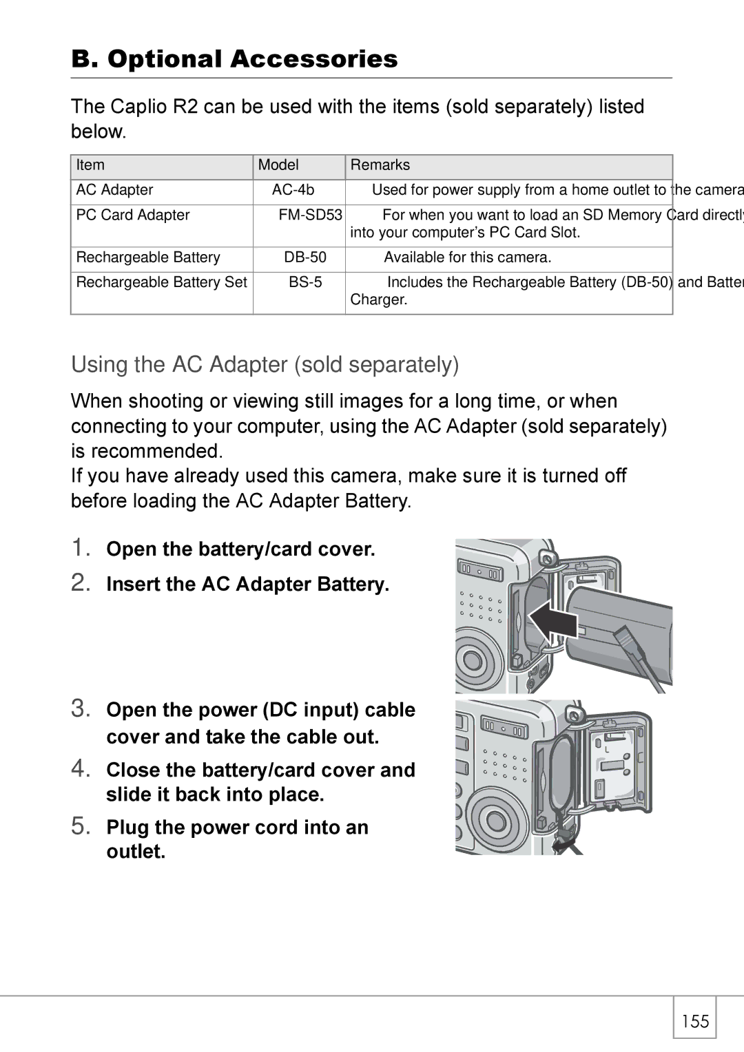 Ricoh Caplio R2 manual Optional Accessories, Using the AC Adapter sold separately 