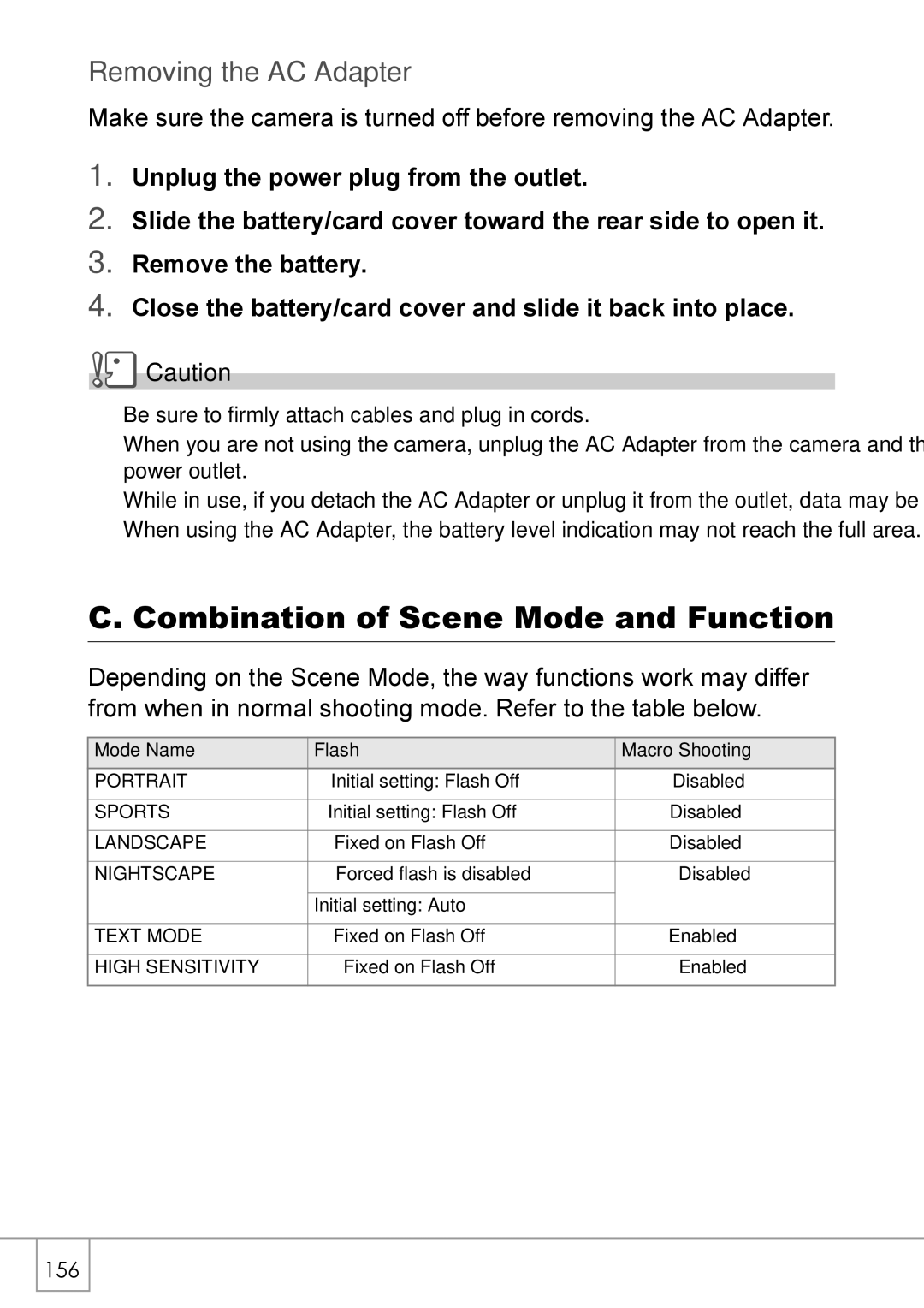 Ricoh Caplio R2 manual Combination of Scene Mode and Function, Removing the AC Adapter 
