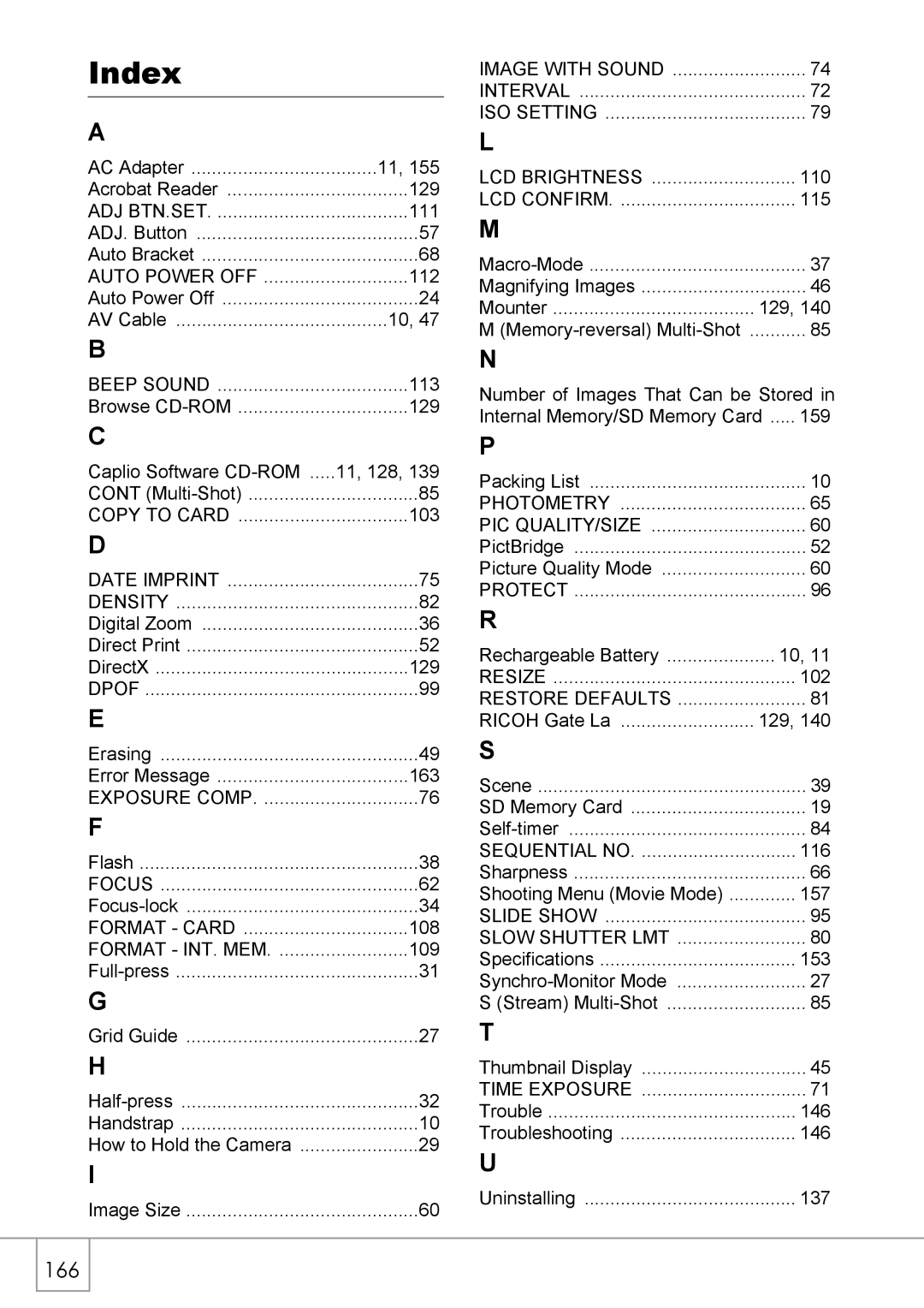 Ricoh Caplio R2 manual Index, 166 