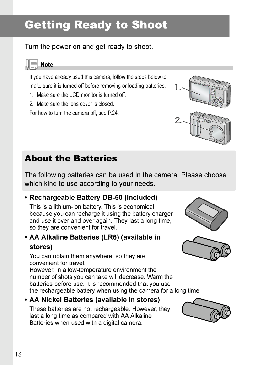 Ricoh Caplio R2 manual Getting Ready to Shoot, About the Batteries, Rechargeable Battery DB-50 Included 