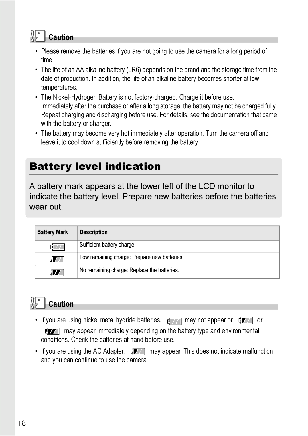 Ricoh Caplio R2 manual Battery level indication, Battery Mark Description 