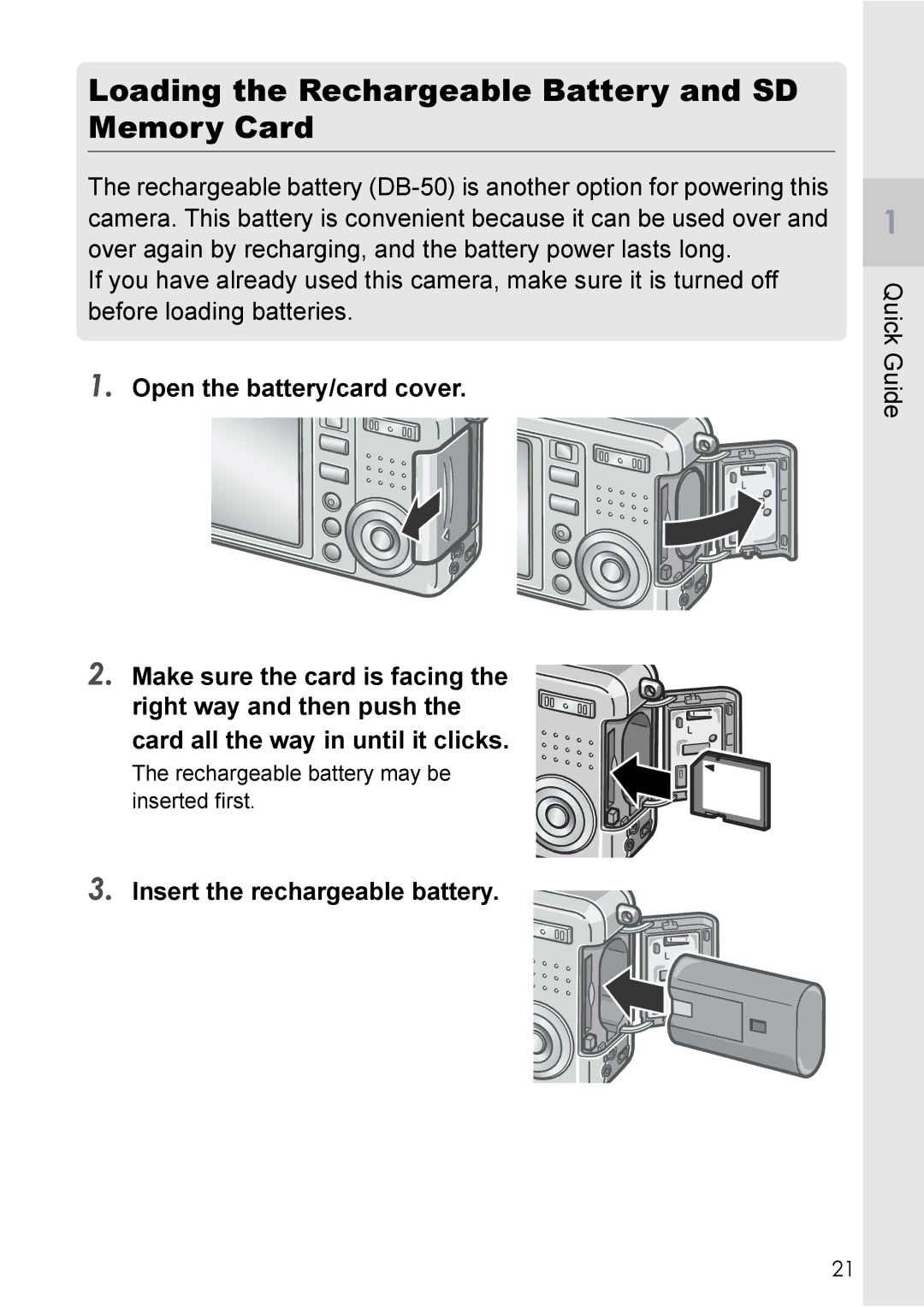 Ricoh Caplio R2 manual Loading the Rechargeable Battery and SD Memory Card, Insert the rechargeable battery 