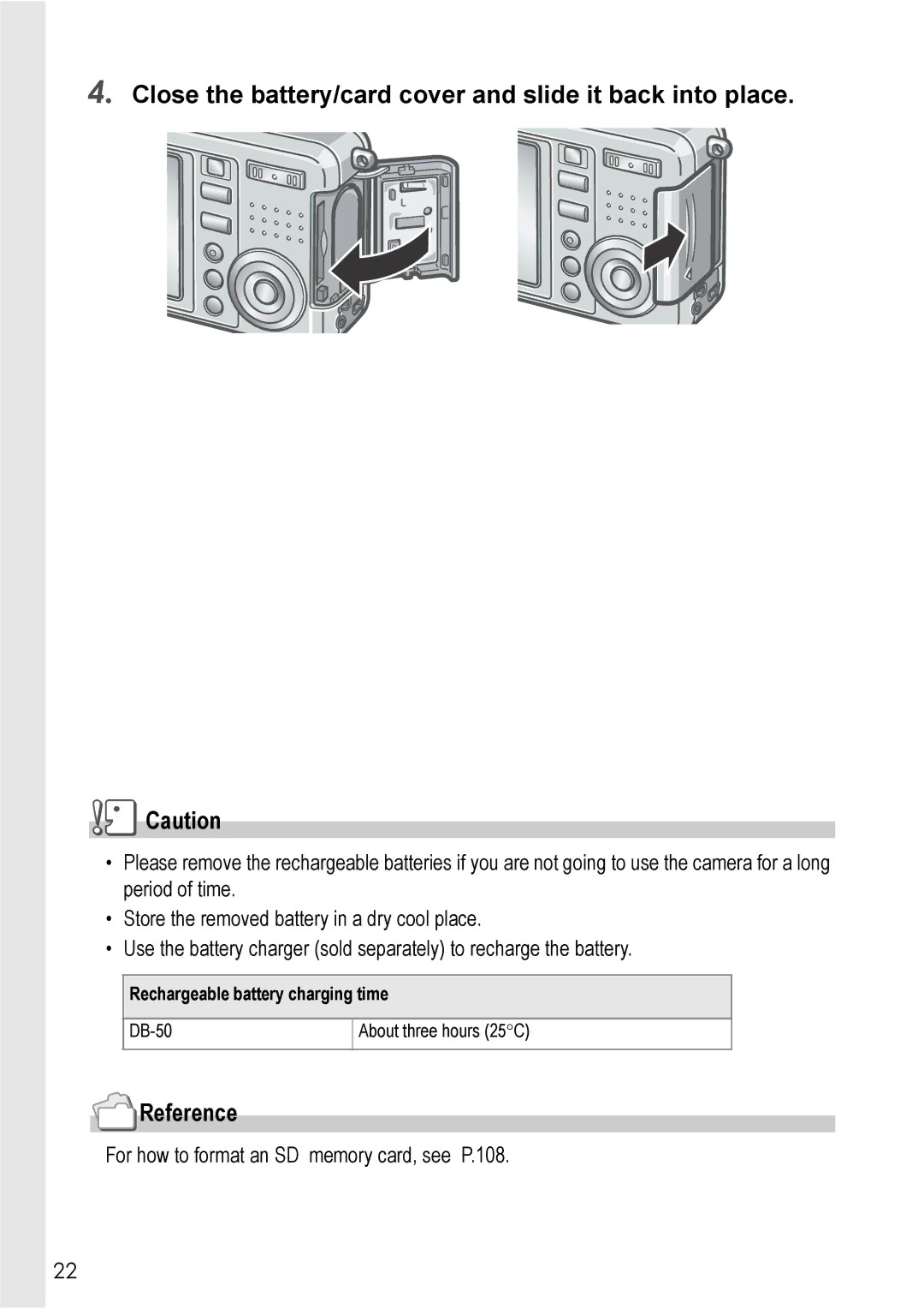 Ricoh Caplio R2 manual Close the battery/card cover and slide it back into place, Reference 