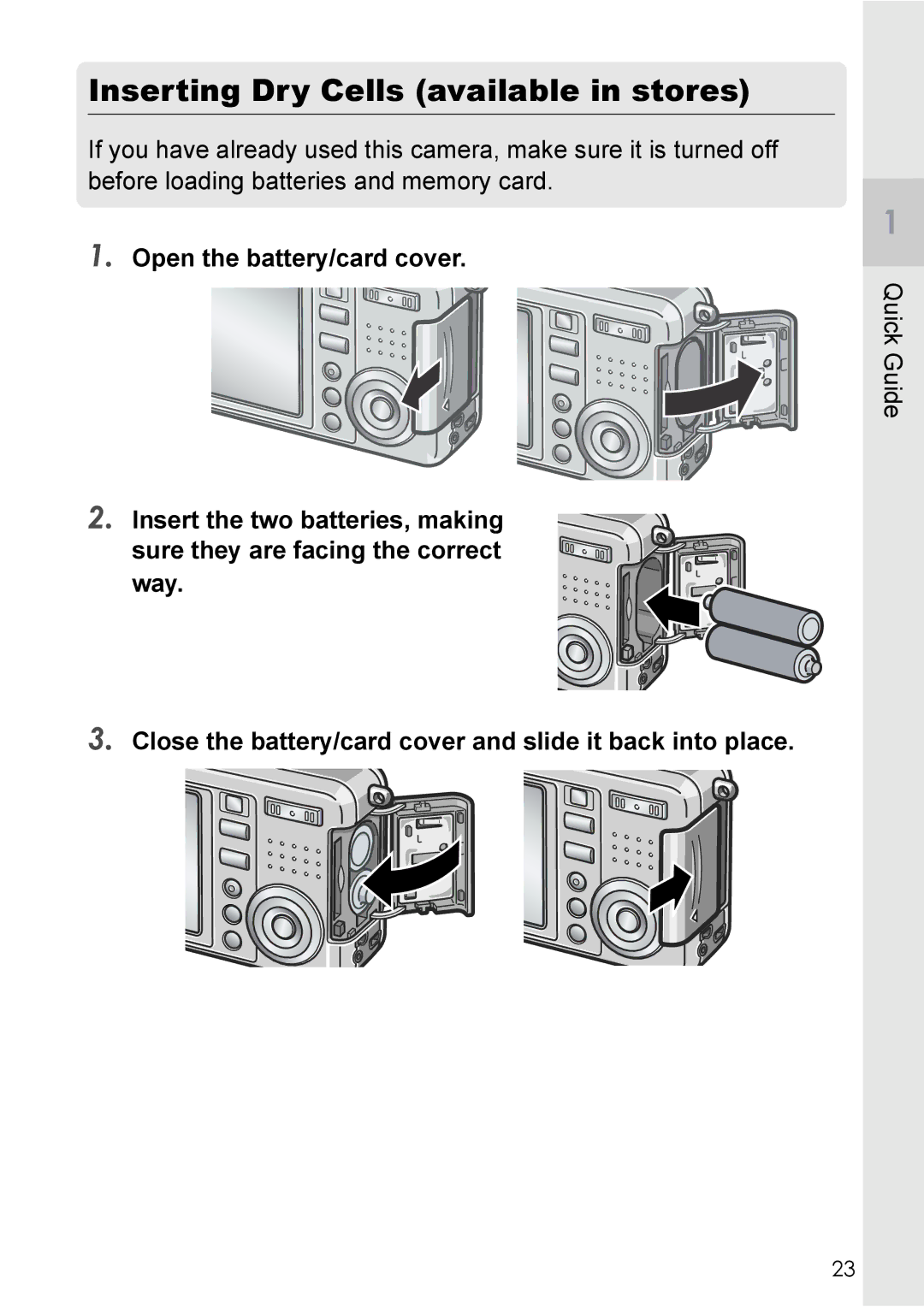 Ricoh Caplio R2 manual Inserting Dry Cells available in stores, Open the battery/card cover 