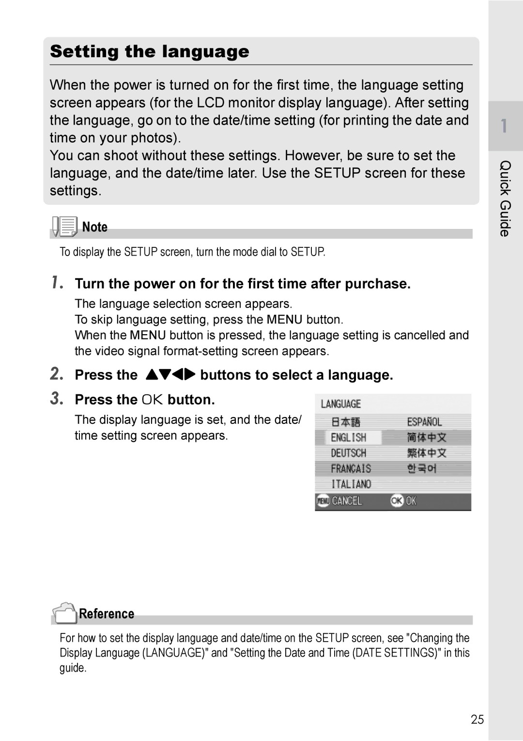 Ricoh Caplio R2 manual Setting the language, Turn the power on for the first time after purchase 