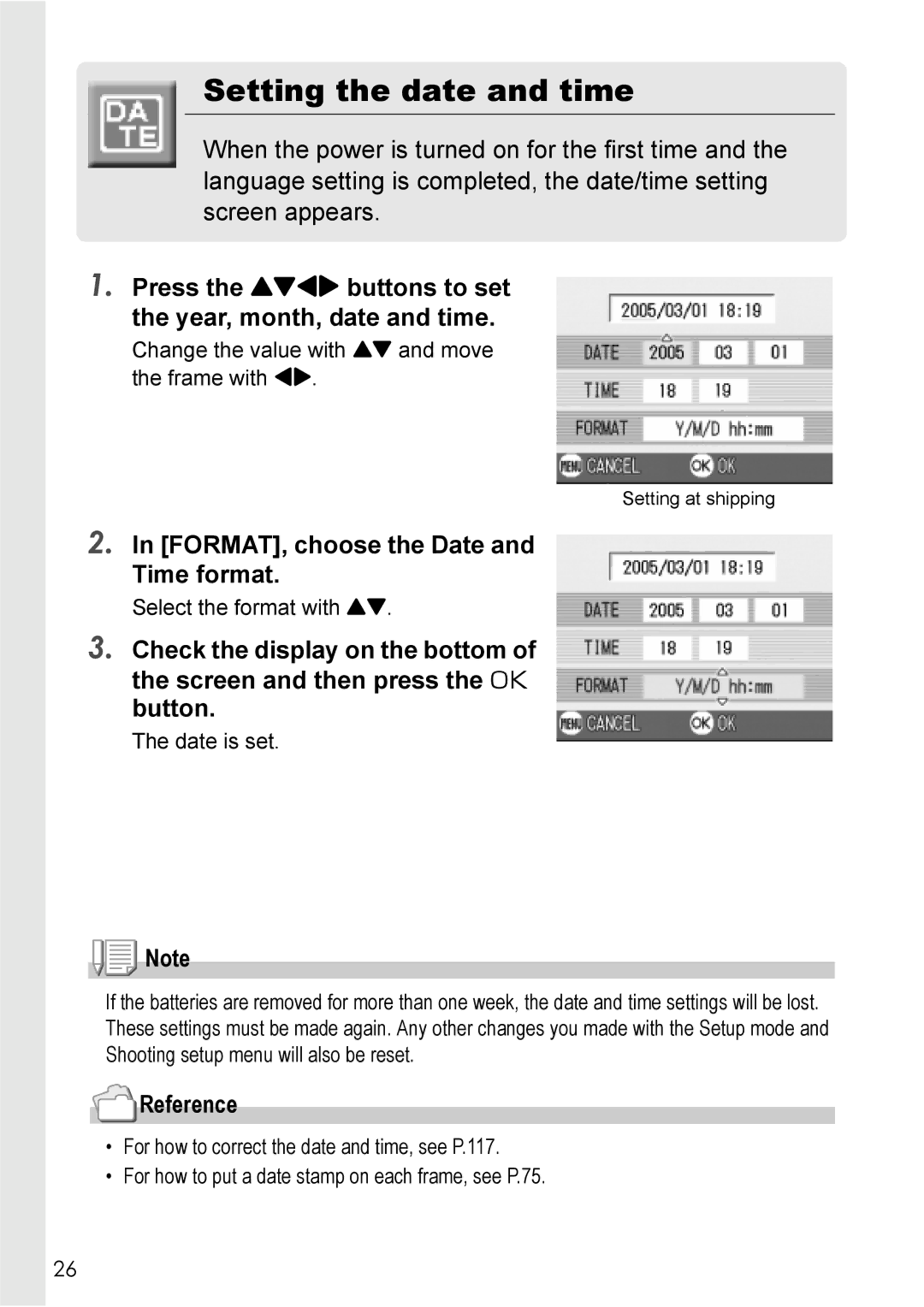 Ricoh Caplio R2 manual Setting the date and time, Press the !#$ buttons to set the year, month, date and time 