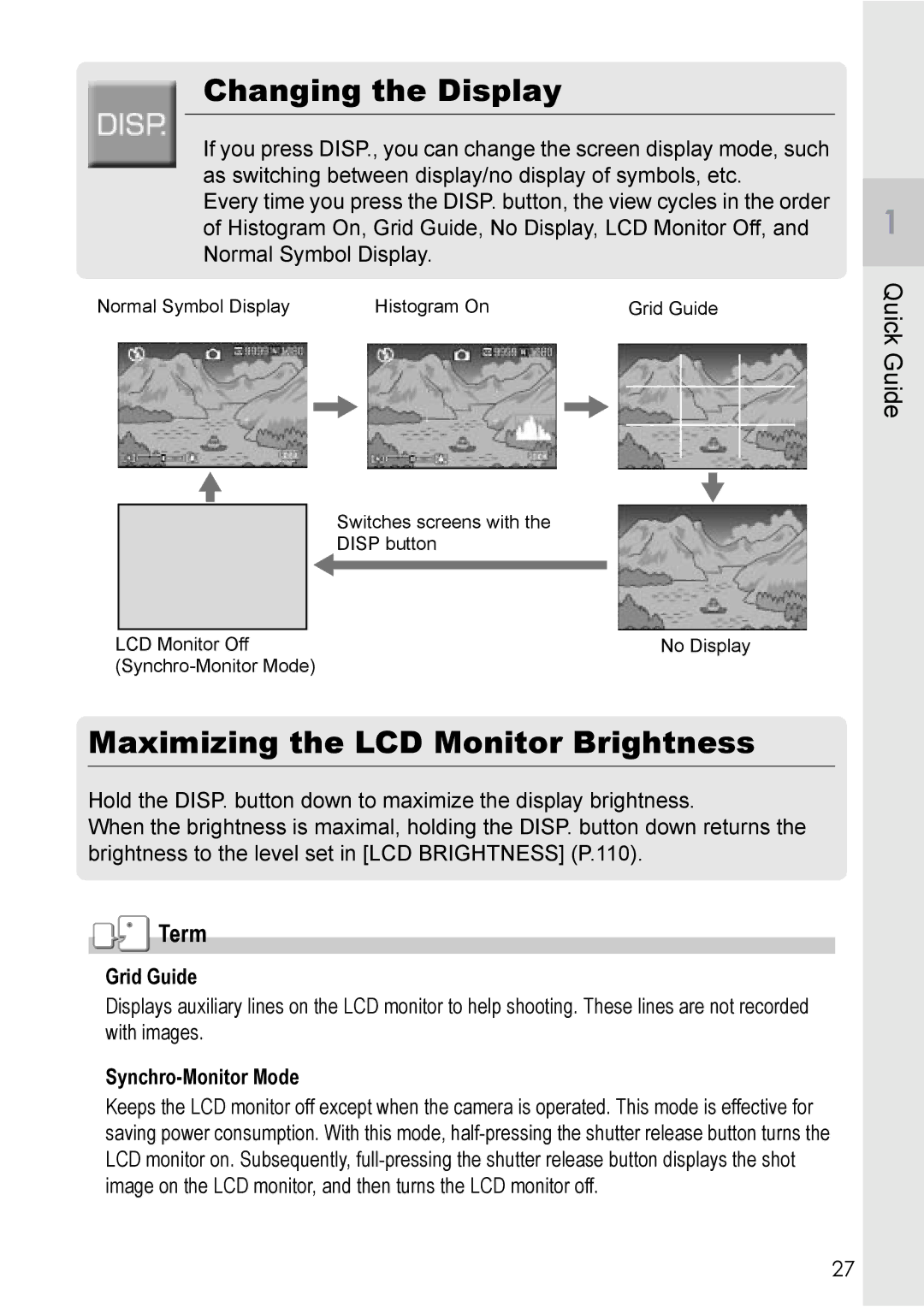 Ricoh Caplio R2 manual Changing the Display, Maximizing the LCD Monitor Brightness, Term, Grid Guide, Synchro-Monitor Mode 