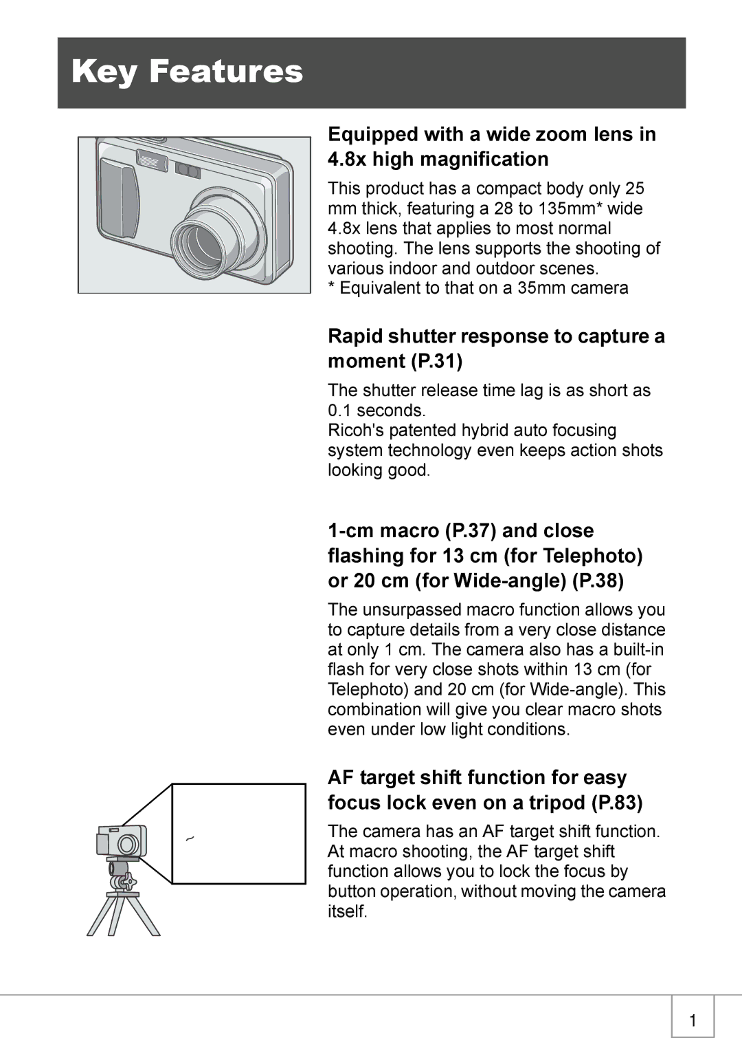 Ricoh Caplio R2 manual Key Features, Equipped with a wide zoom lens in 4.8x high magnification 