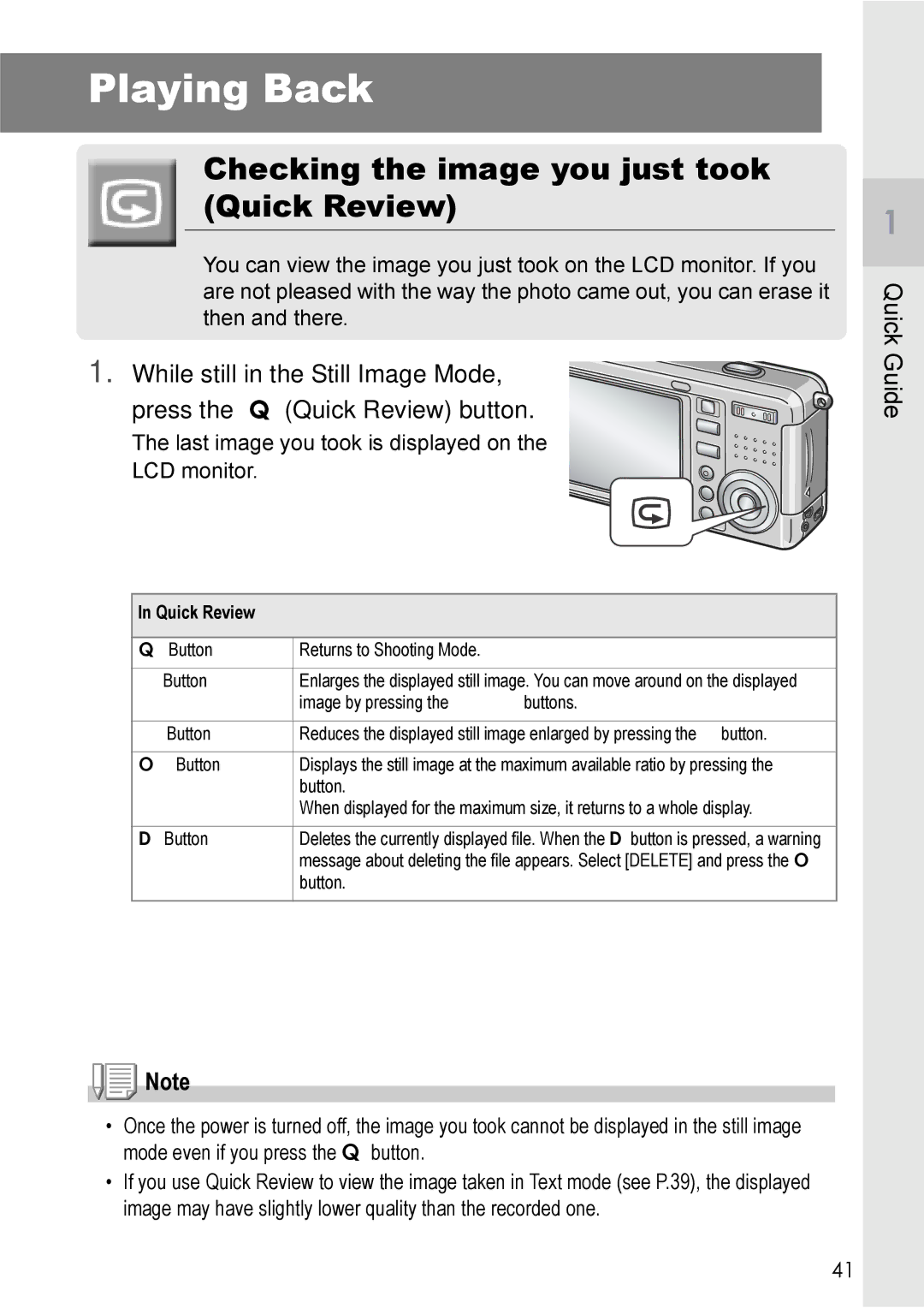 Ricoh Caplio R2 manual Playing Back, Checking the image you just took Quick Review 