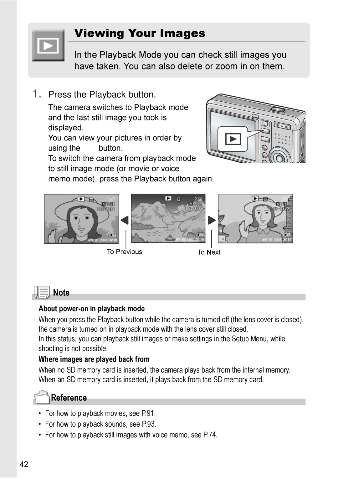 Ricoh Caplio R2 manual Viewing Your Images, Press the Playback button, About power-on in playback mode 