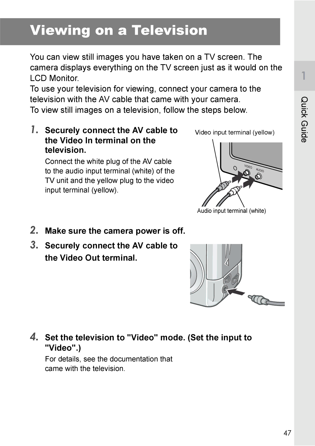 Ricoh Caplio R2 manual Viewing on a Television, Securely connect the AV cable to, Video In terminal on the television 