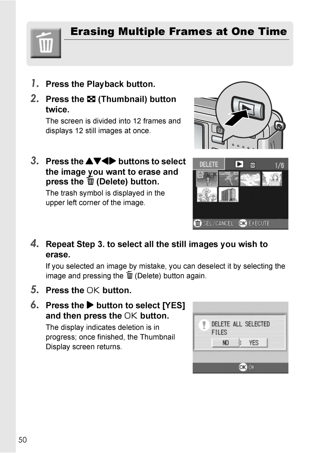 Ricoh Caplio R2 manual Erasing Multiple Frames at One Time, Repeat . to select all the still images you wish to erase 