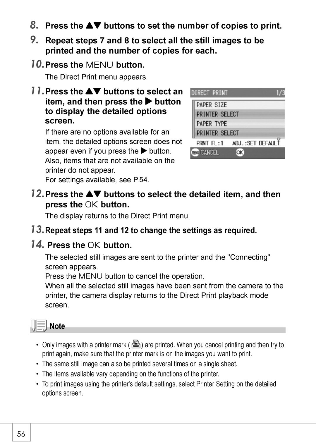 Ricoh Caplio R2 manual Direct Print menu appears 