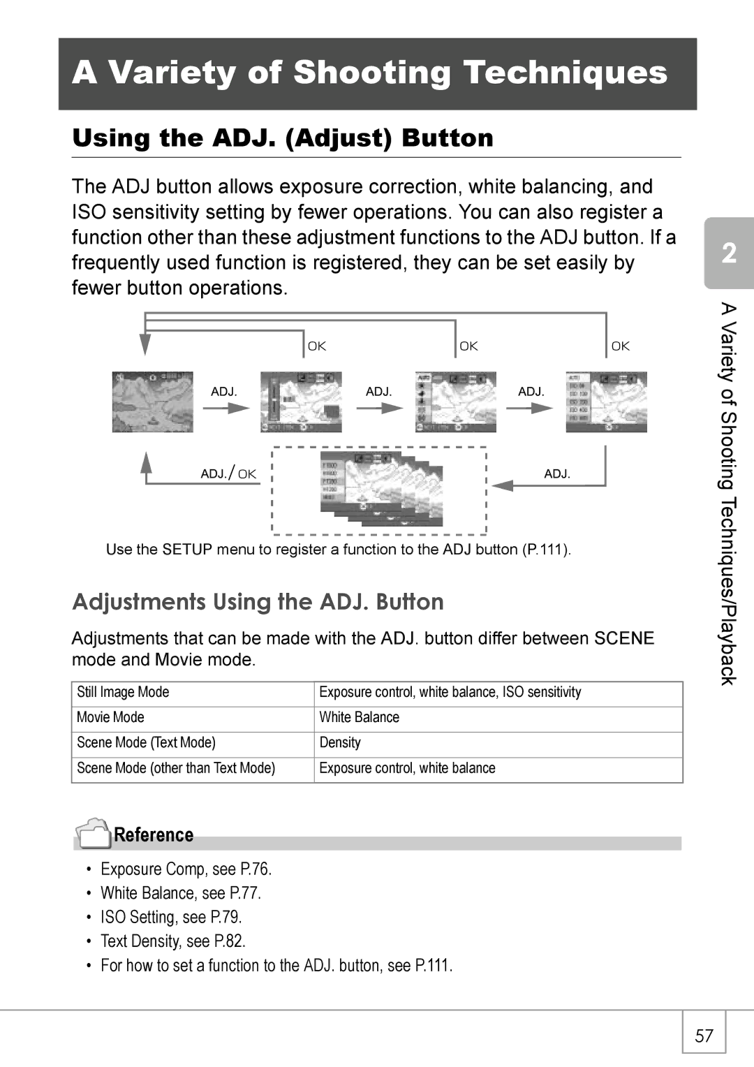Ricoh Caplio R2 manual Variety of Shooting Techniques, Using the ADJ. Adjust Button, Adjustments Using the ADJ. Button 