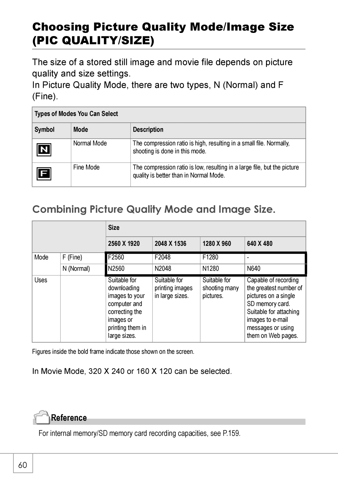 Ricoh Caplio R2 Choosing Picture Quality Mode/Image Size, Pic Quality/Size, Combining Picture Quality Mode and Image Size 