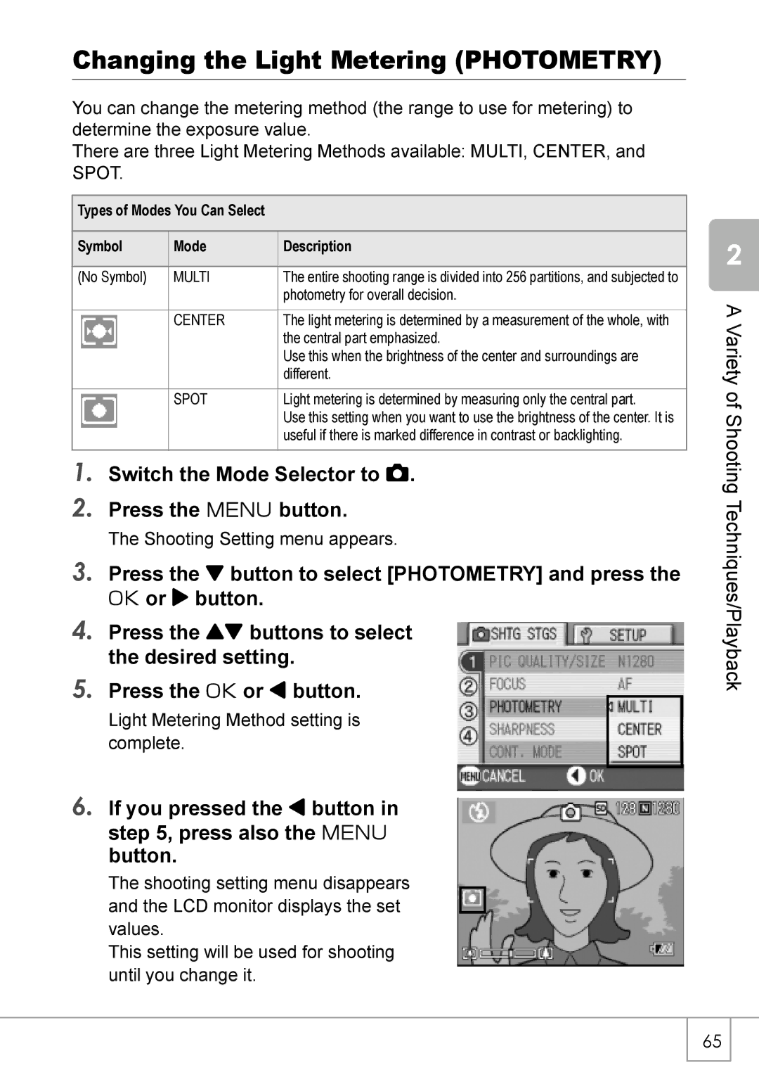 Ricoh Caplio R2 manual Changing the Light Metering Photometry, Multi 