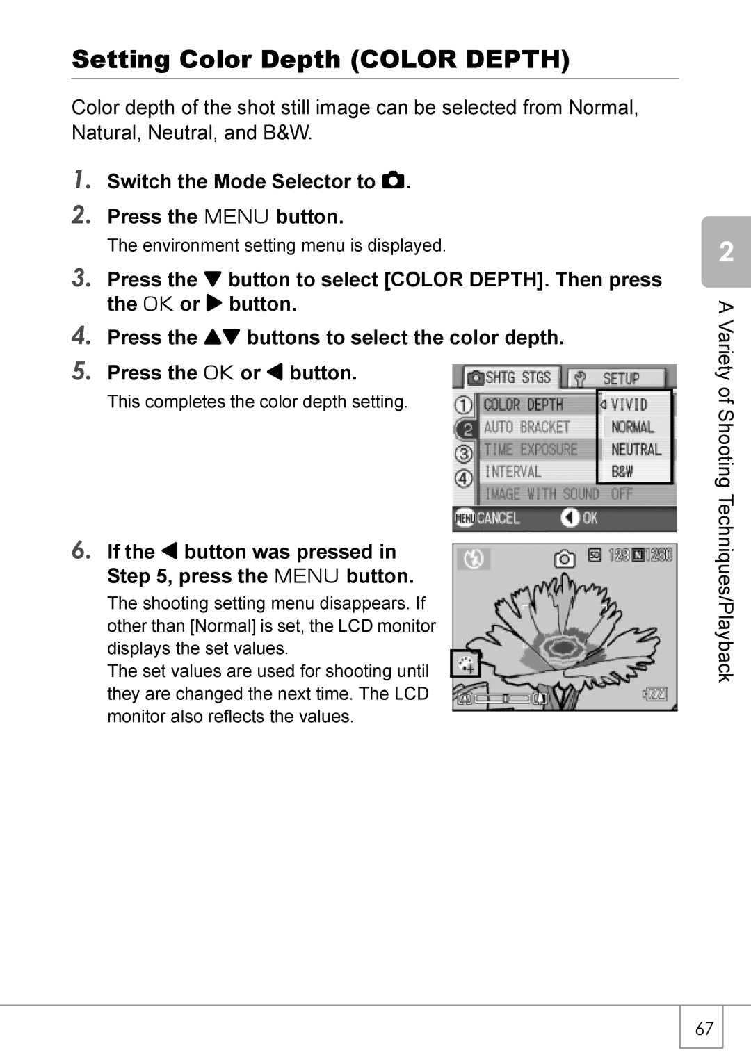 Ricoh Caplio R2 manual Setting Color Depth Color Depth, If the # button was pressed in , press the M button 