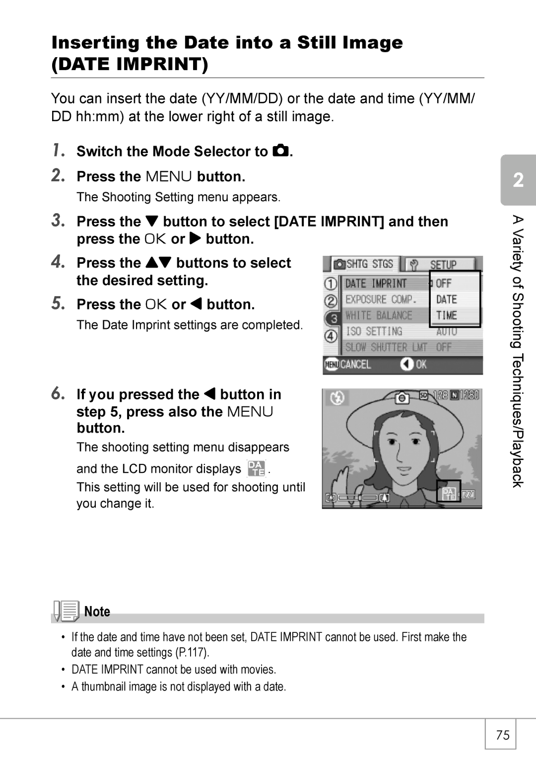 Ricoh Caplio R2 manual Inserting the Date into a Still Image, Date Imprint 