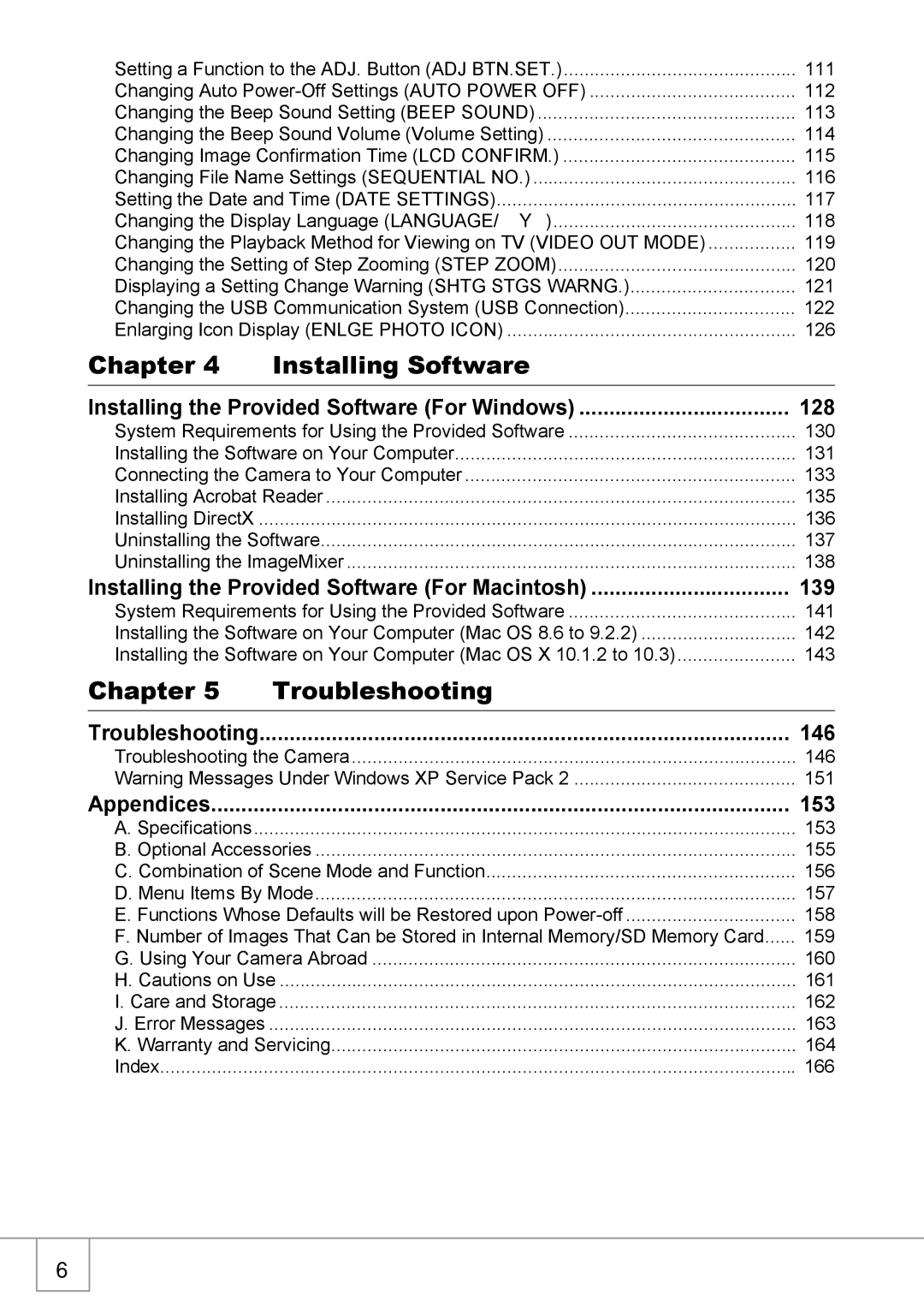 Ricoh Caplio R2 manual Chapter Installing Software, Chapter Troubleshooting, 146, 153 