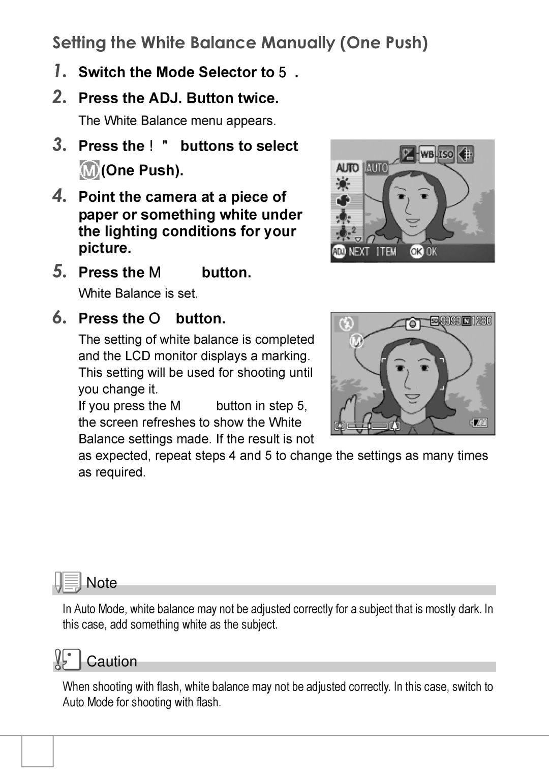 Ricoh Caplio R2 manual Setting the White Balance Manually One Push, Switch the Mode Selector to Press the ADJ. Button twice 