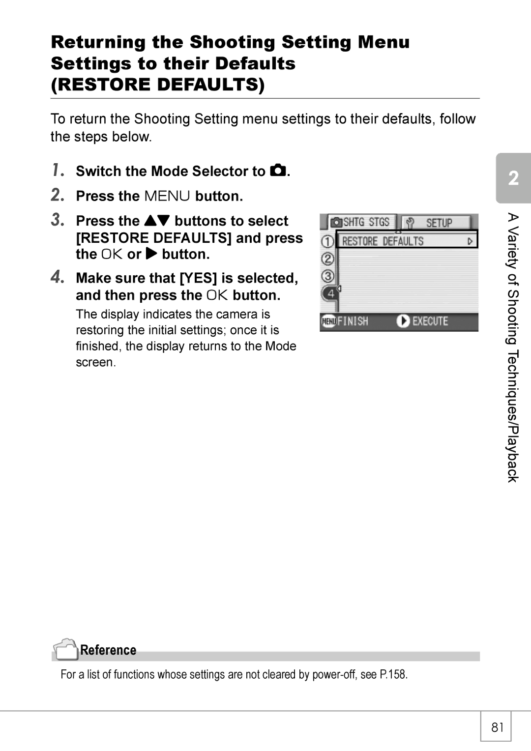 Ricoh Caplio R2 manual Restore Defaults, Reference 