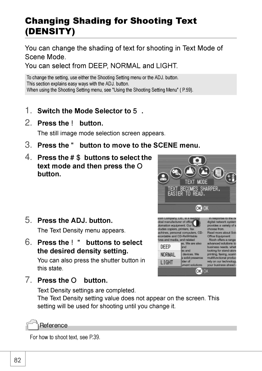 Ricoh Caplio R2 Changing Shading for Shooting Text Density, Press the ! buttons to select the desired density setting 