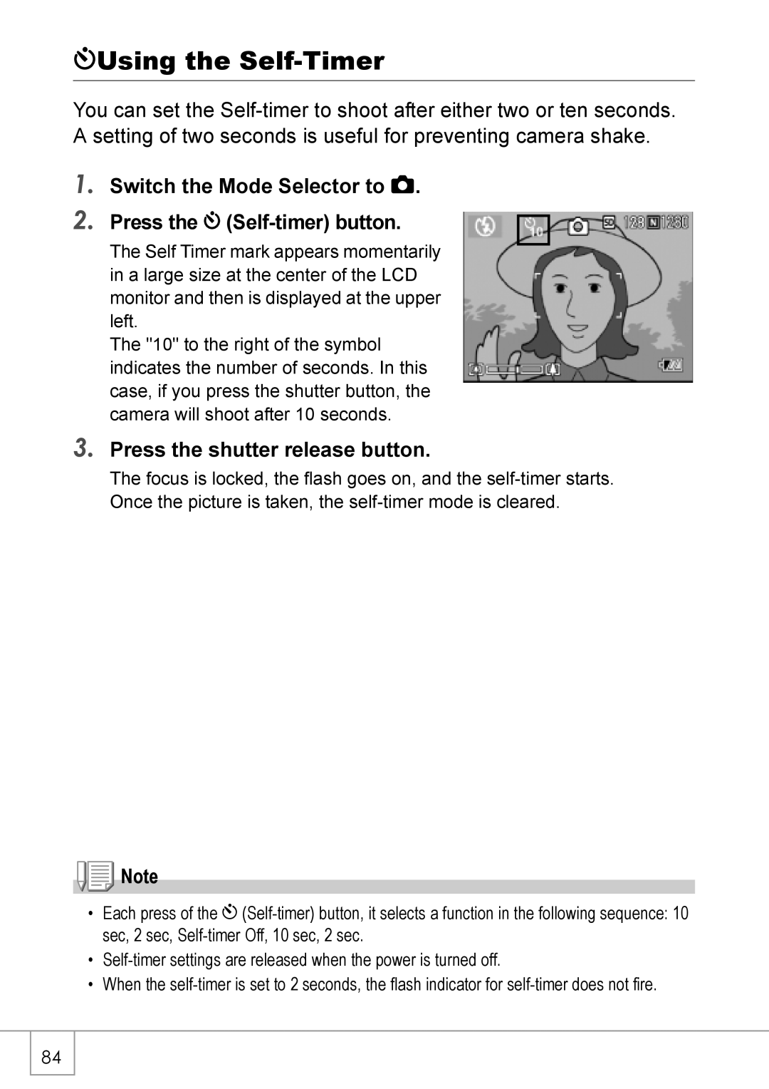 Ricoh Caplio R2 manual TUsing the Self-Timer, Switch the Mode Selector to Press the T Self-timer button 