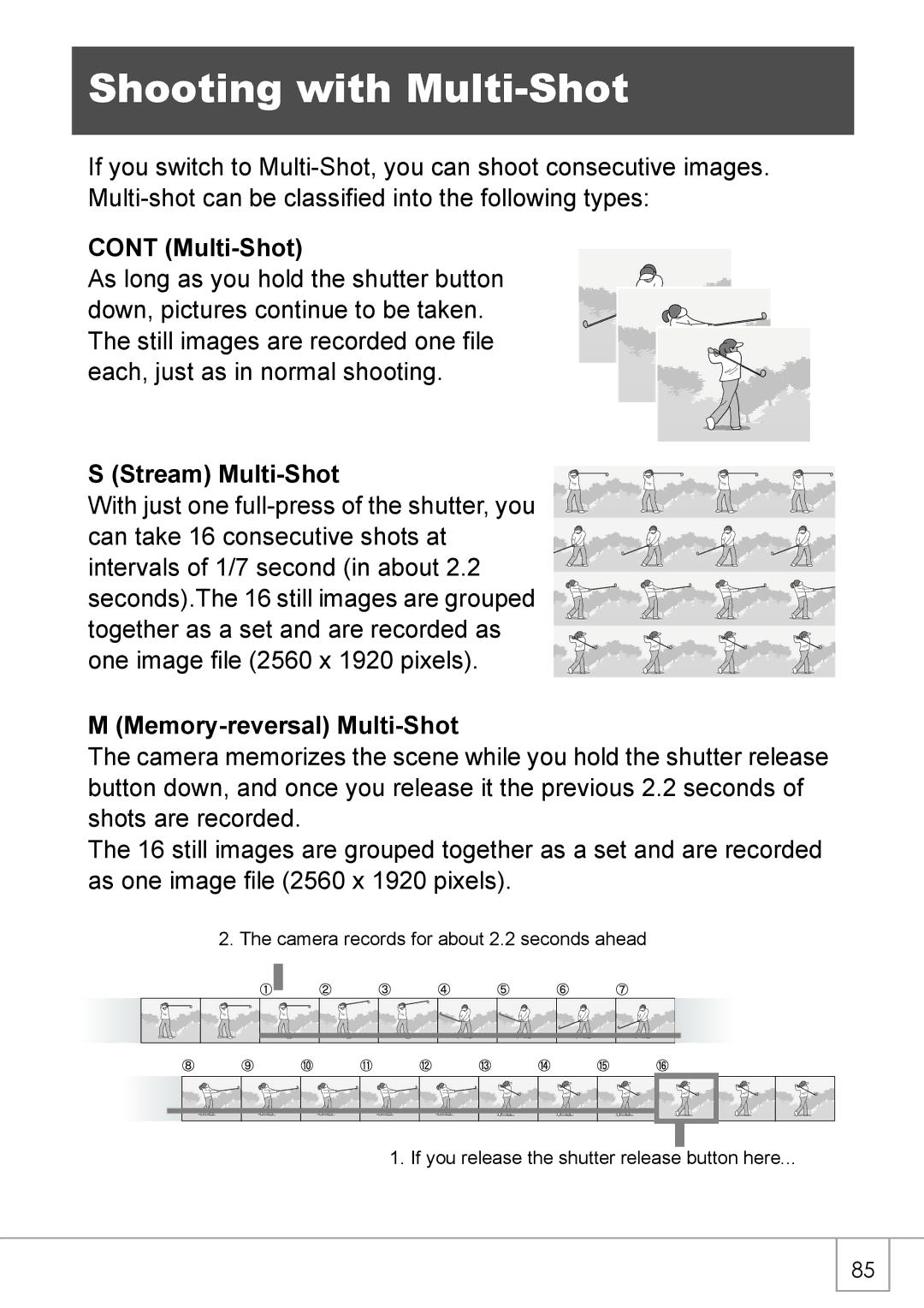 Ricoh Caplio R2 manual Shooting with Multi-Shot, Stream Multi-Shot, Memory-reversal Multi-Shot 