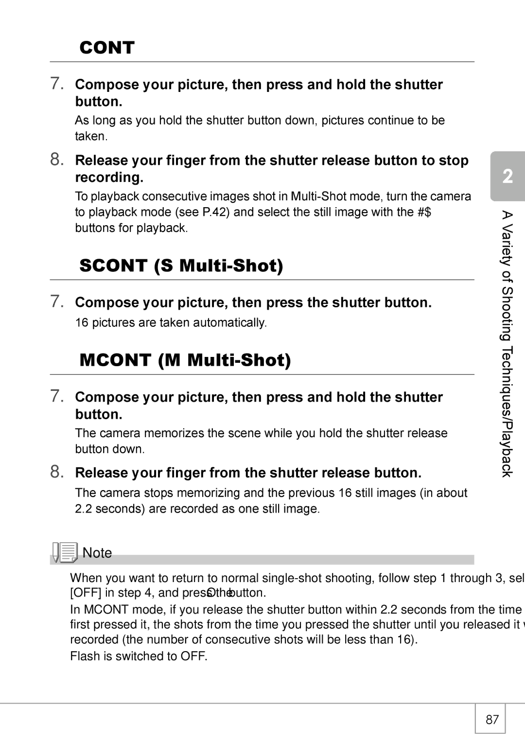 Ricoh Caplio R2 manual Cont, Scont S Multi-Shot, Mcont M Multi-Shot, Compose your picture, then press the shutter button 