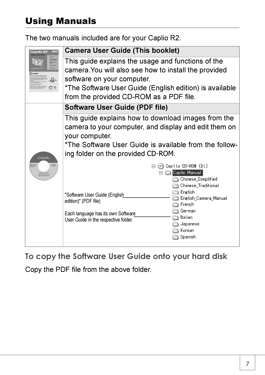 Ricoh Caplio R2 manual Using Manuals, To copy the Software User Guide onto your hard disk, Camera User Guide This booklet 