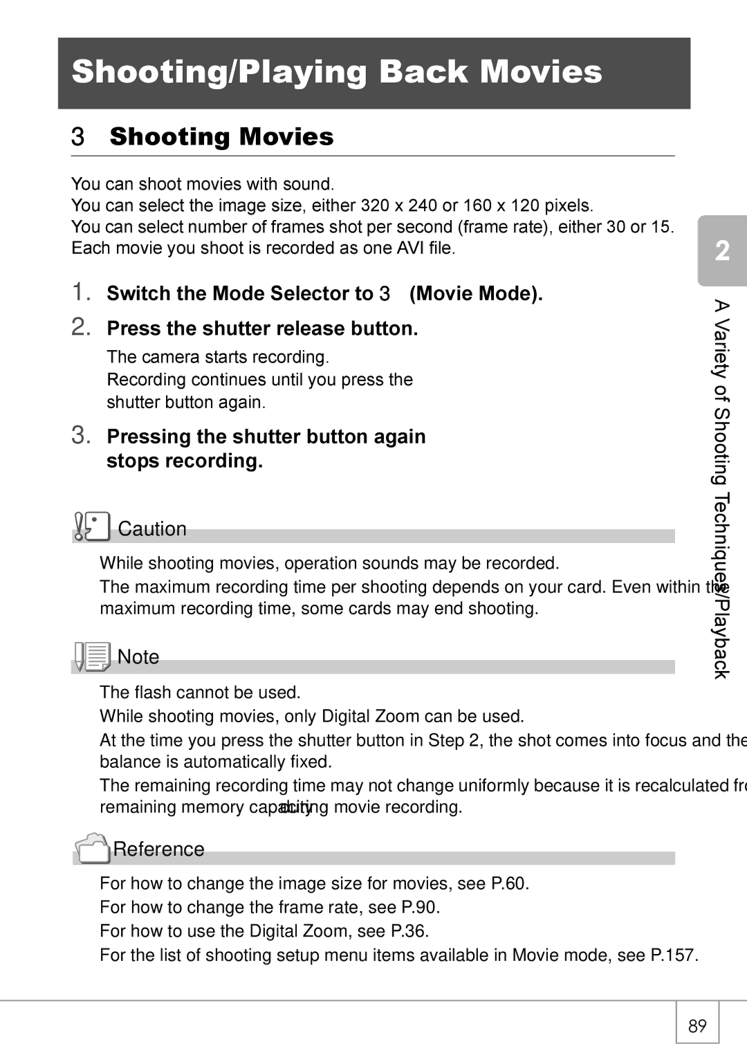 Ricoh Caplio R2 manual Shooting/Playing Back Movies, Shooting Movies, Pressing the shutter button again stops recording 