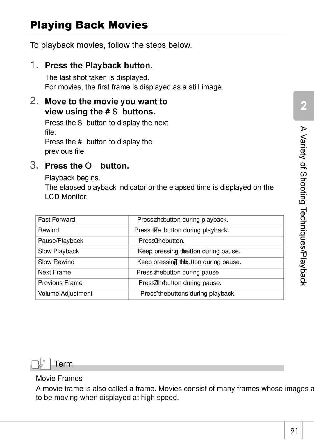 Ricoh Caplio R2 manual Playing Back Movies, Move to the movie you want to view using the #$ buttons, Movie Frames 