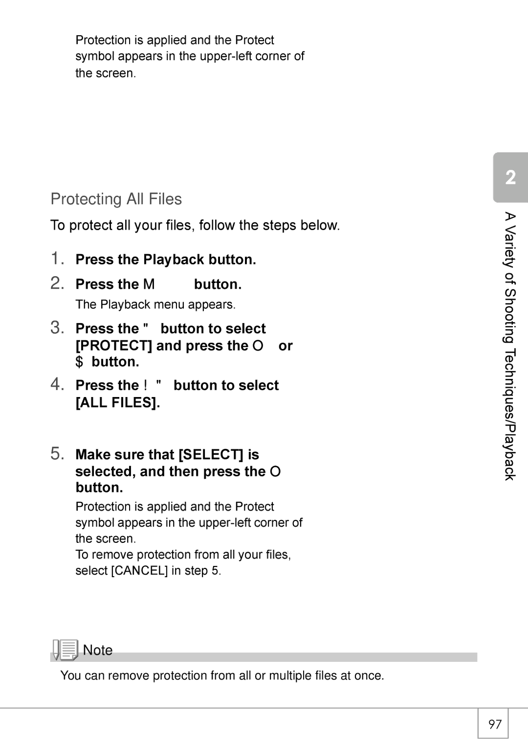 Ricoh Caplio R2 manual Protecting All Files, Press the Playback button Press the M button 