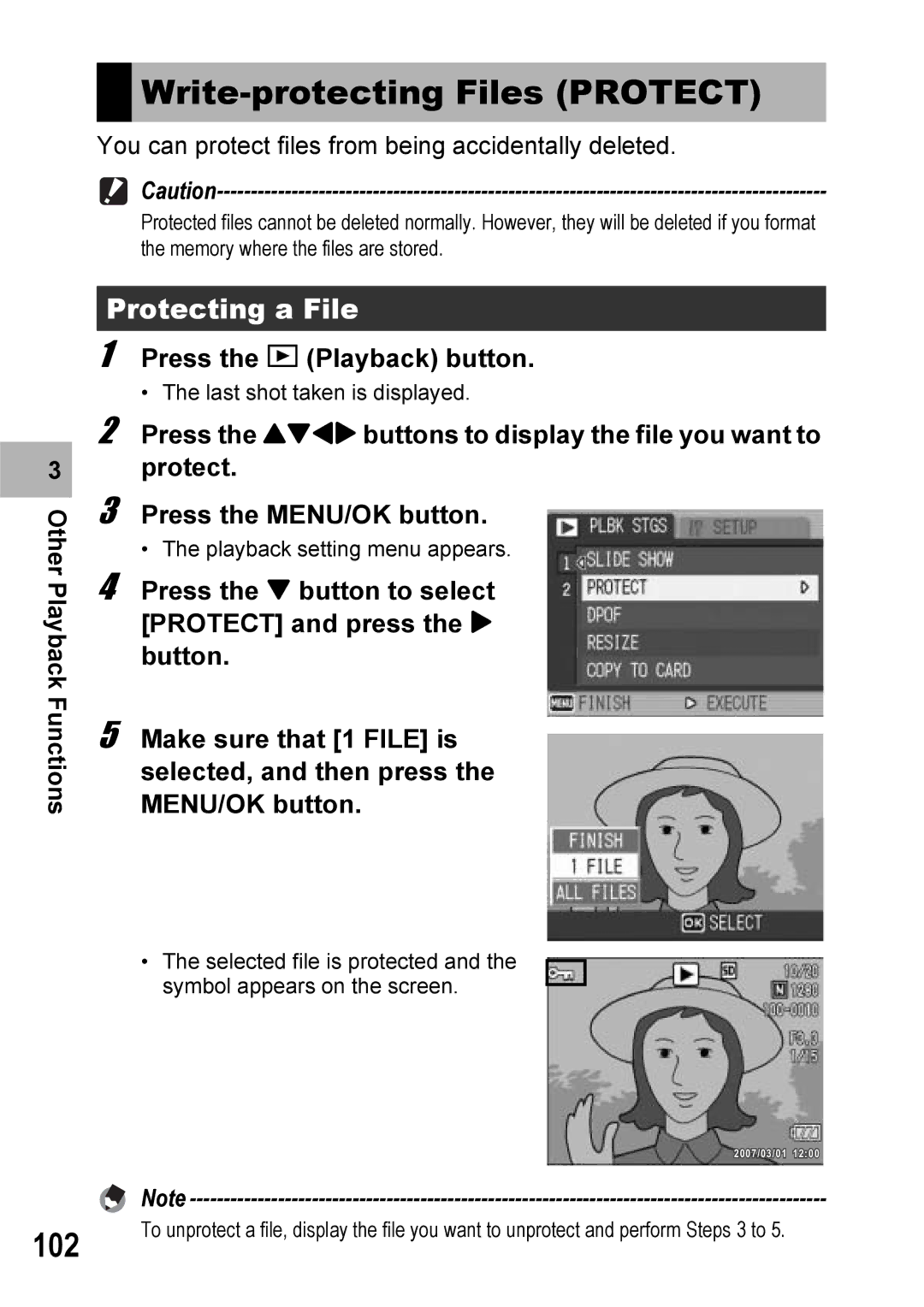 Ricoh Caplio R6 manual Write-protecting Files Protect, 102, Protecting a File 