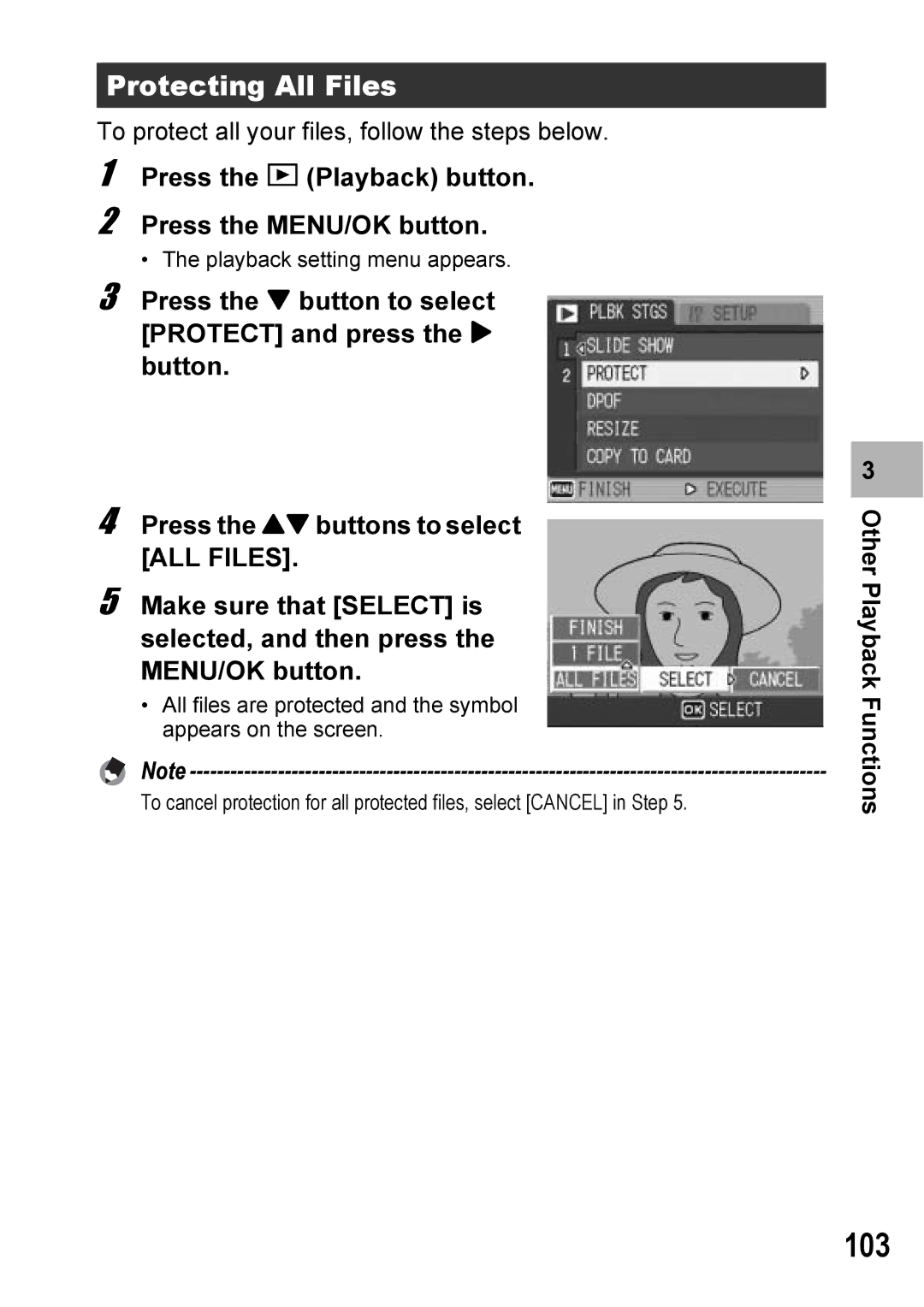 Ricoh Caplio R6 manual 103, Protecting All Files, Press the 6 Playback button Press the MENU/OK button 