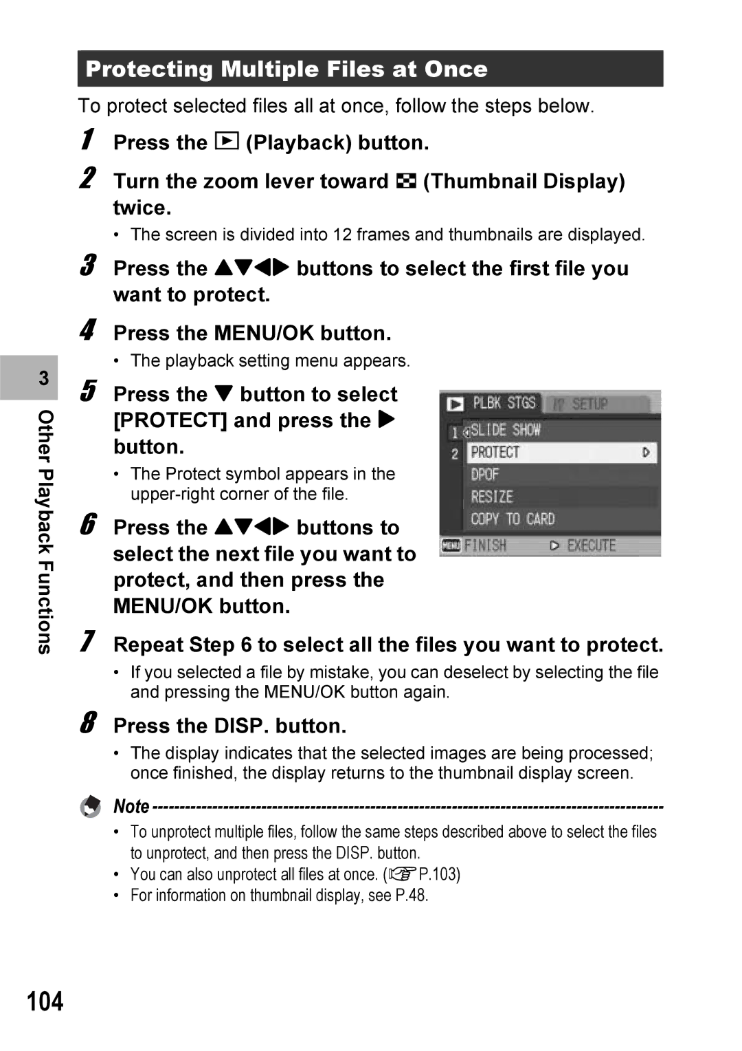 Ricoh Caplio R6 manual 104, Protecting Multiple Files at Once, Press the button to select Protect and press the $ button 