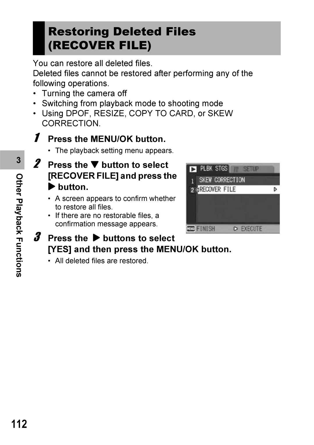 Ricoh Caplio R6 manual Restoring Deleted Files, Recover File, 112 