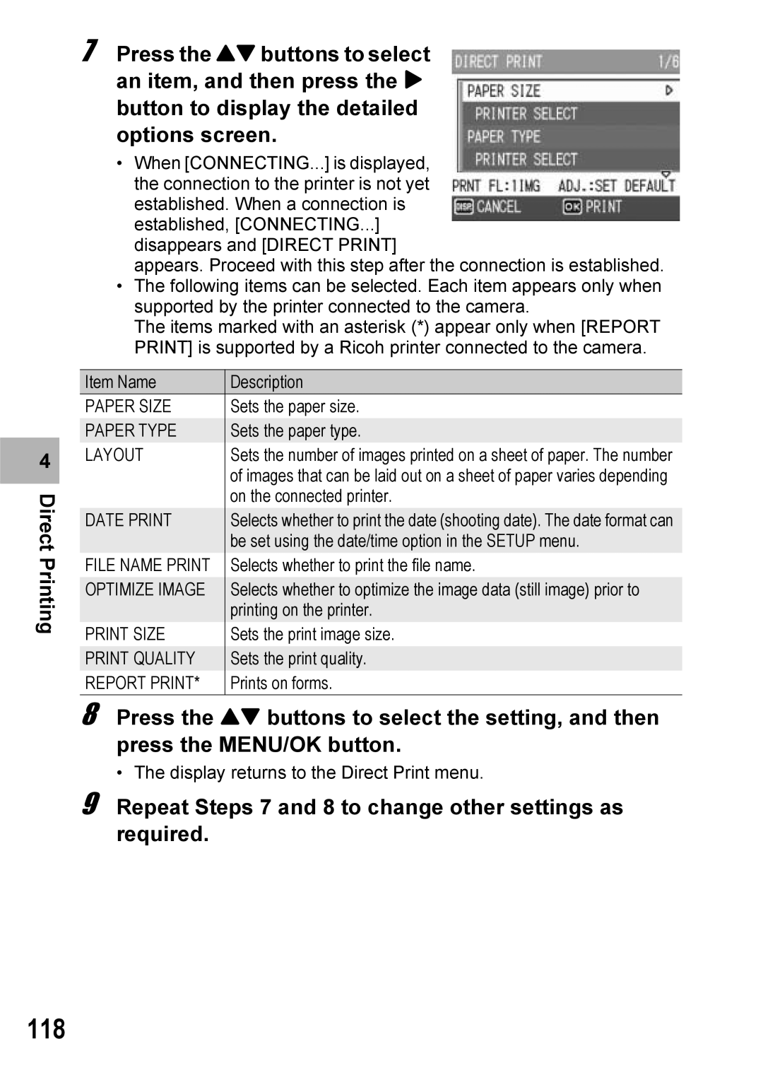 Ricoh Caplio R6 manual 118, Repeat Steps 7 and 8 to change other settings as required 