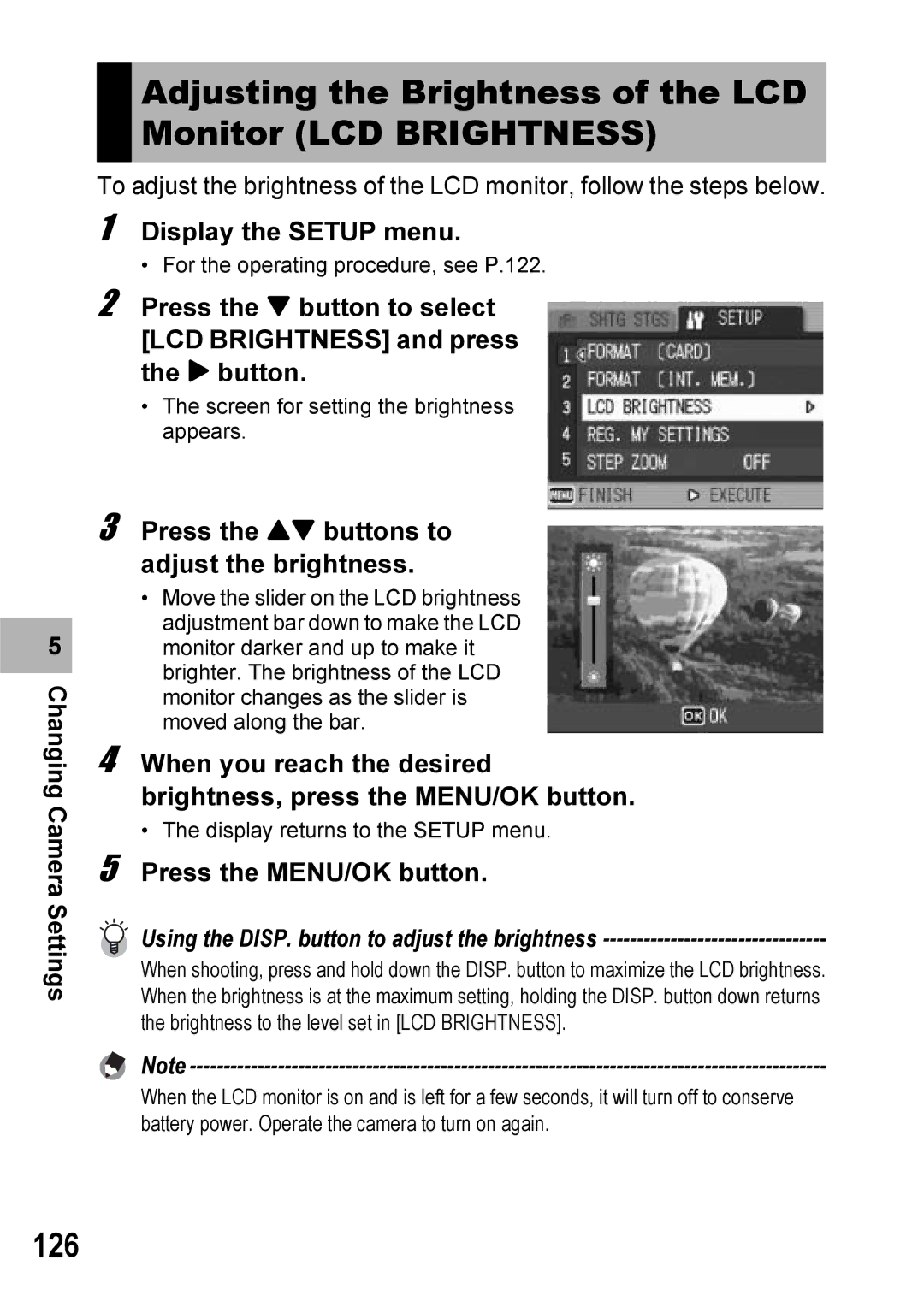 Ricoh Caplio R6 manual Adjusting the Brightness of the LCD Monitor LCD Brightness, 126 