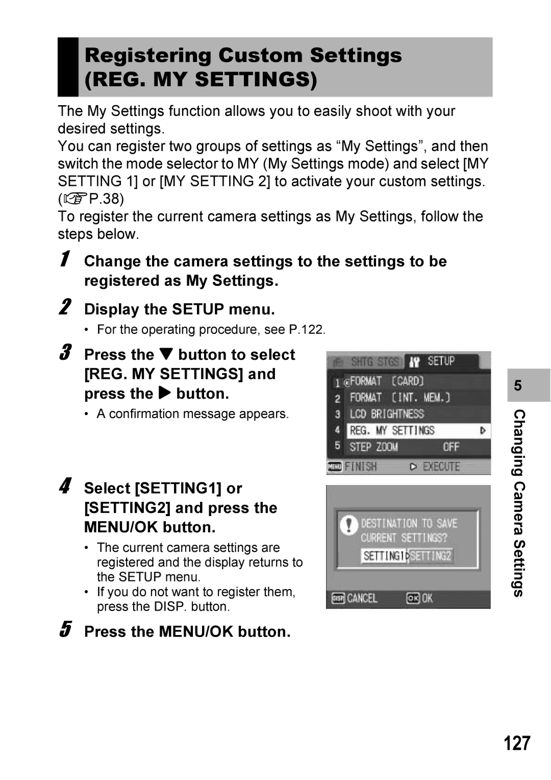 Ricoh Caplio R6 manual Registering Custom Settings, REG. MY Settings, 127 