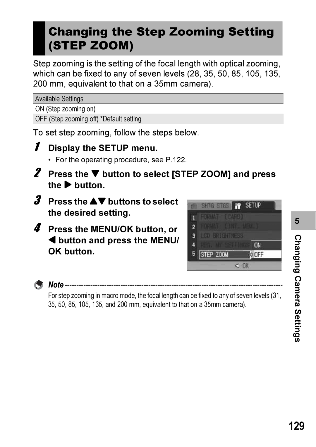 Ricoh Caplio R6 manual Changing the Step Zooming Setting Step Zoom, 129, Display the Setup menu 