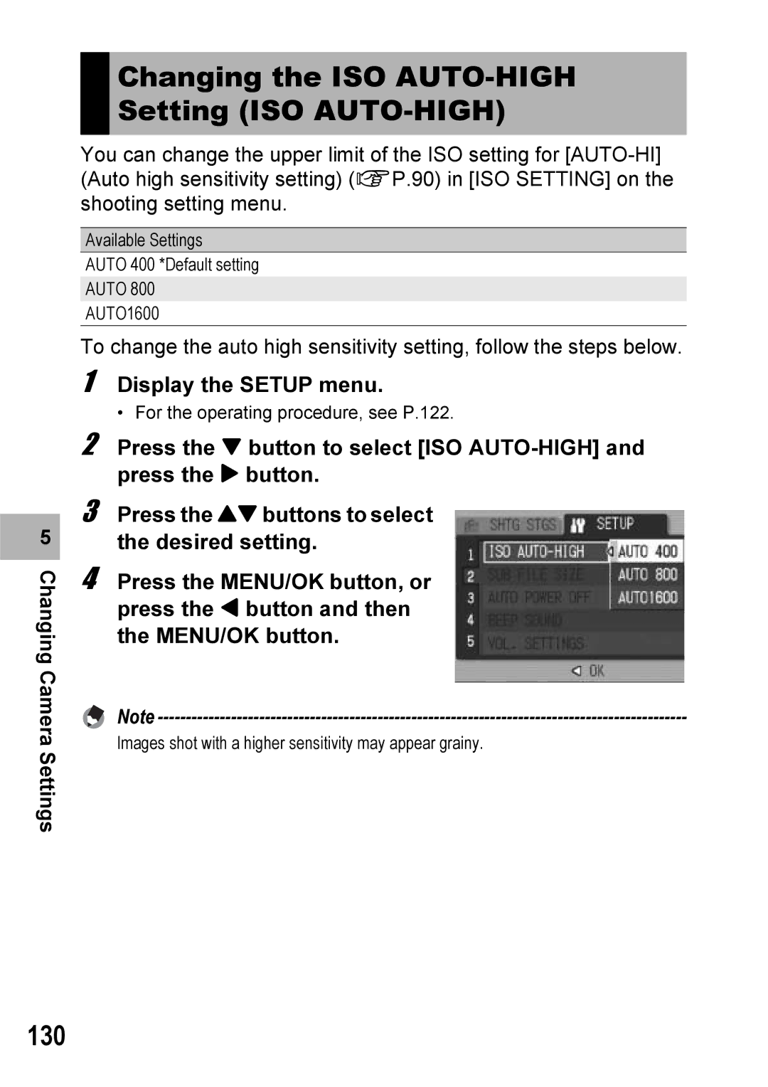 Ricoh Caplio R6 manual Changing the ISO AUTO-HIGH Setting ISO AUTO-HIGH, 130 