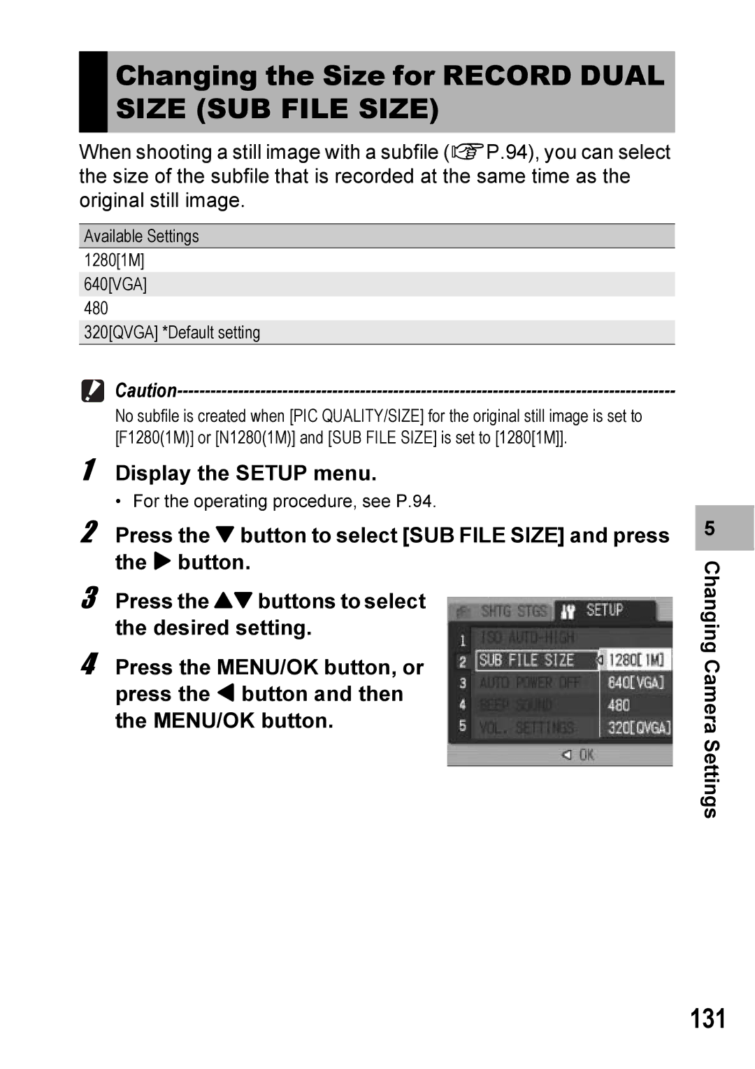 Ricoh Caplio R6 manual Changing the Size for Record Dual Size SUB File Size, 131 