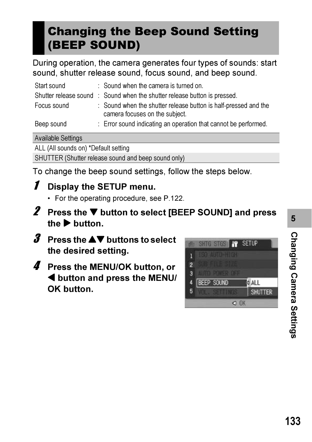 Ricoh Caplio R6 manual Changing the Beep Sound Setting, 133 