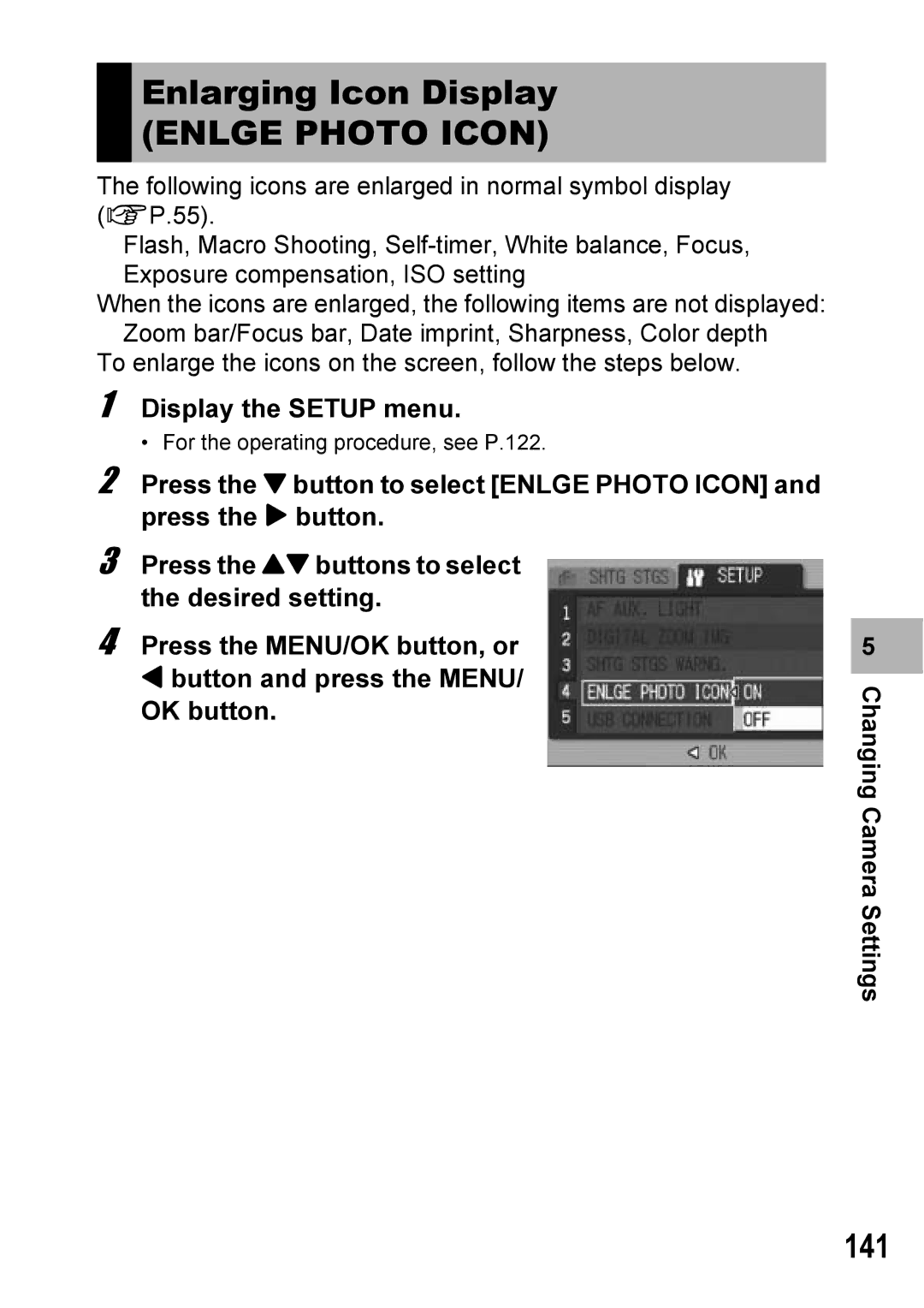 Ricoh Caplio R6 manual Enlarging Icon Display, Enlge Photo Icon, 141 