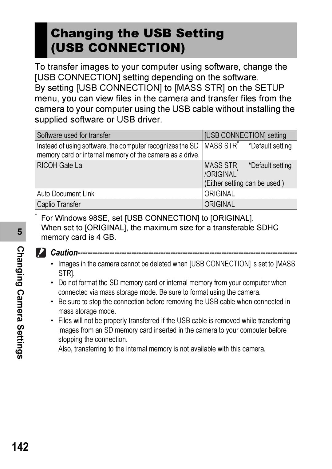 Ricoh Caplio R6 manual Changing the USB Setting, USB Connection, 142 