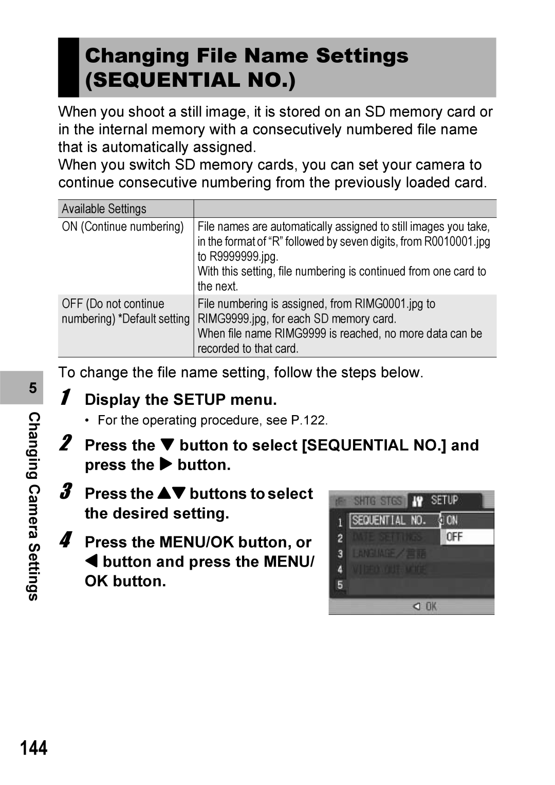 Ricoh Caplio R6 manual Changing File Name Settings Sequential no, 144 